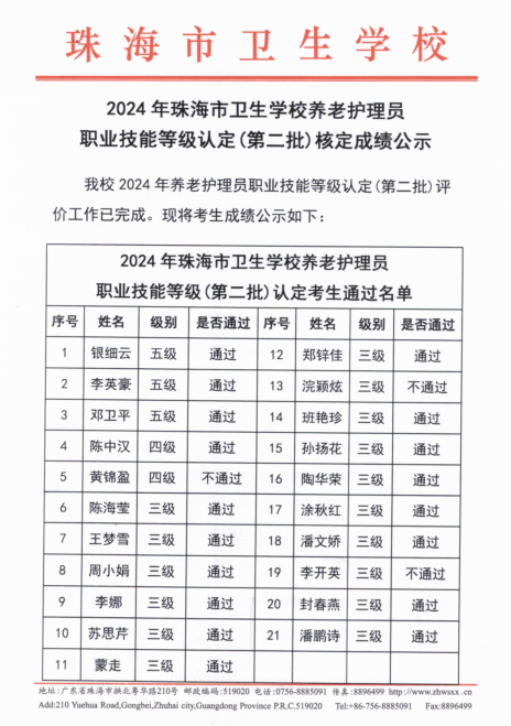 2024年珠海市衛(wèi)生學校養(yǎng)老護理員職業(yè)技能等級認定（第二批）核定成績公示